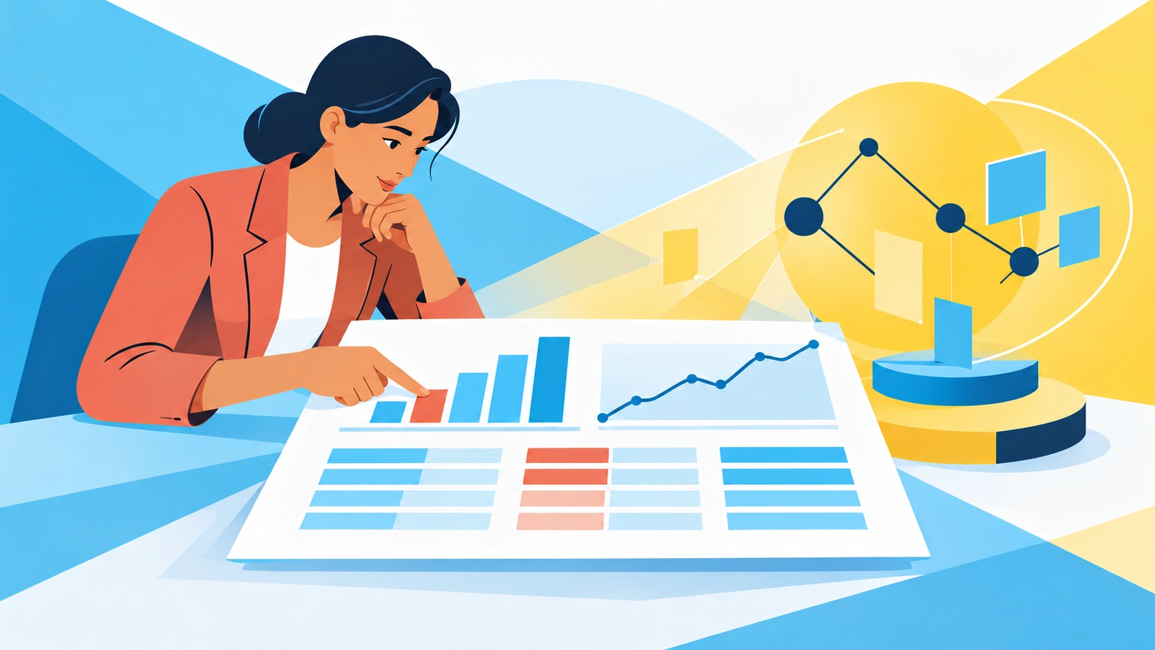 A finance professional points to a financial chart while an AI analytical system supports her review of the shared report.