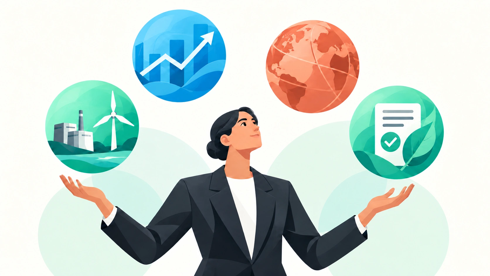 A composed business figure balances four spheres: energy security, investor expectations, geopolitical disruption and climate regulation.