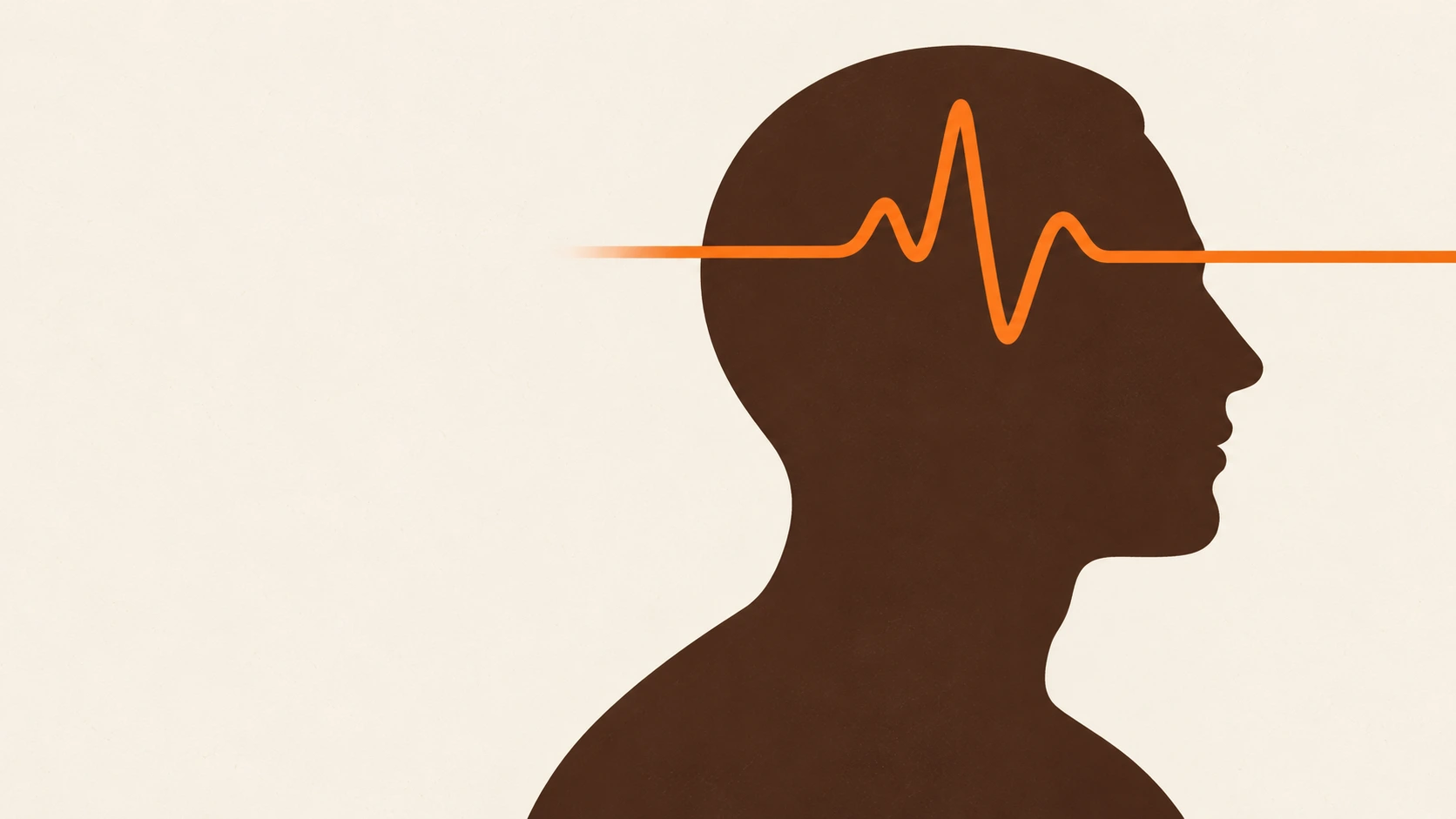 A warm brown human profile with a vivid orange heartbeat passing through the mind and continuing outward.