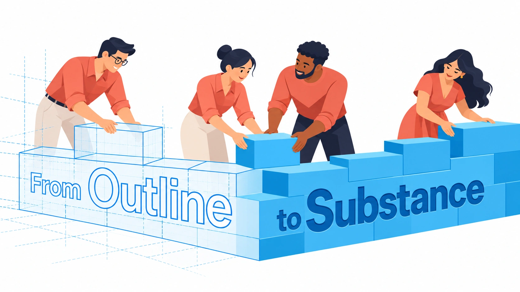 From Outline to Substance: terracotta-clad colleagues build a low blue wall that transitions from blueprint outlines on the left to solid blocks on the right.
