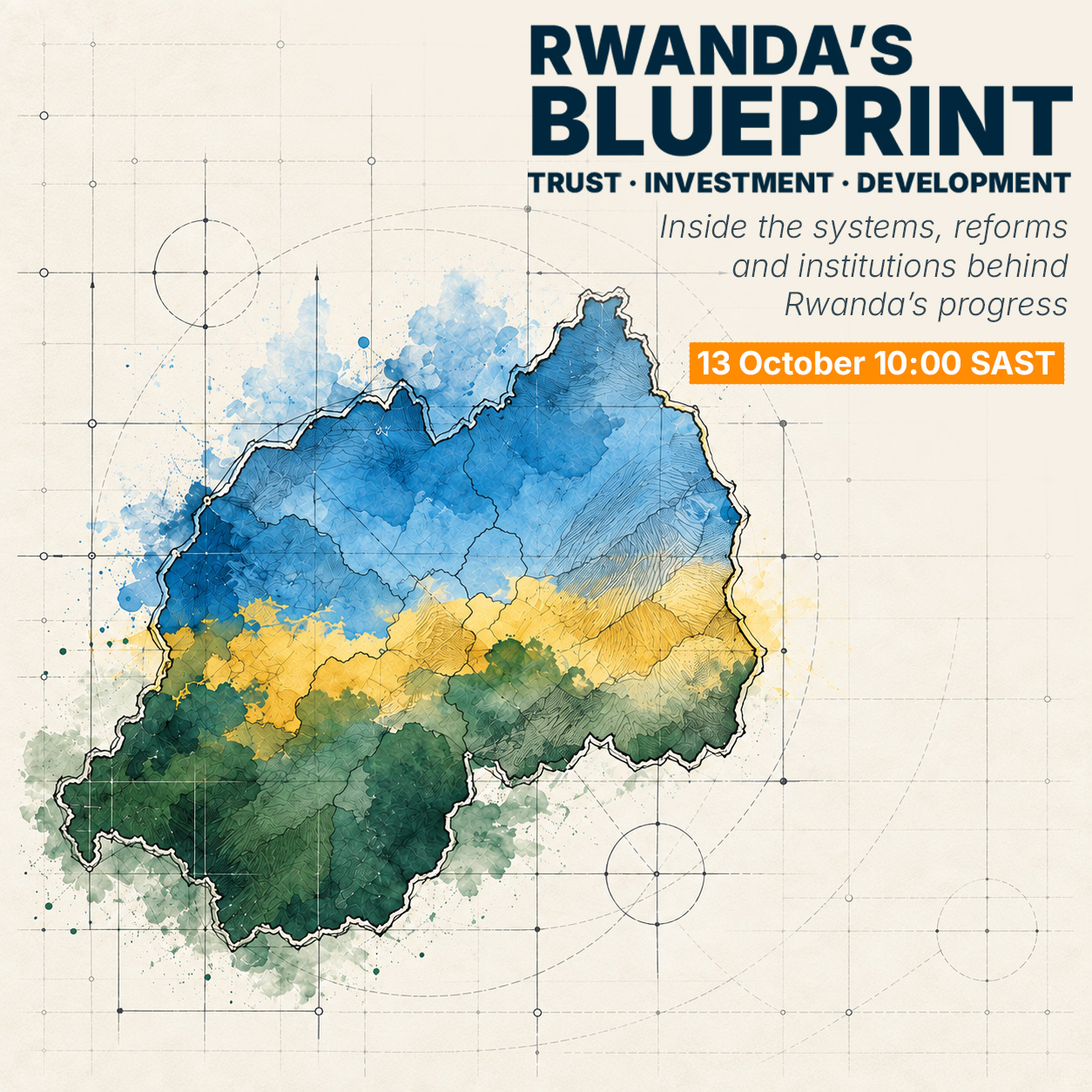 Watercolour map of Rwanda in blue, yellow and green over an architectural blueprint grid