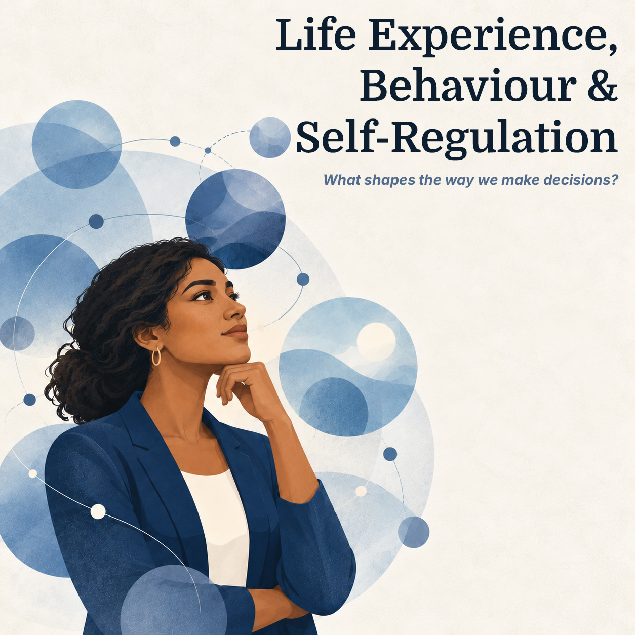 Illustration of a thoughtful South Asian woman surrounded by interconnected blue spheres representing influences on boardroom decision-making.
