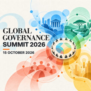 Global Governance Summit 2026 artwork illustrating the interconnected themes of governance, ecology, people and technology around a global boardroom.