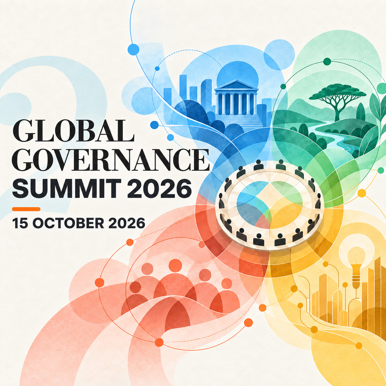 Global Governance Summit 2026 artwork illustrating the interconnected themes of governance, ecology, people and technology around a global boardroom.