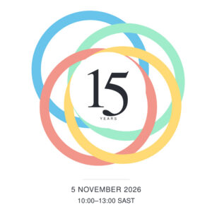 The number 15 surrounded by connected circles in the Good Governance Academy’s blue, green, coral and yellow colours.