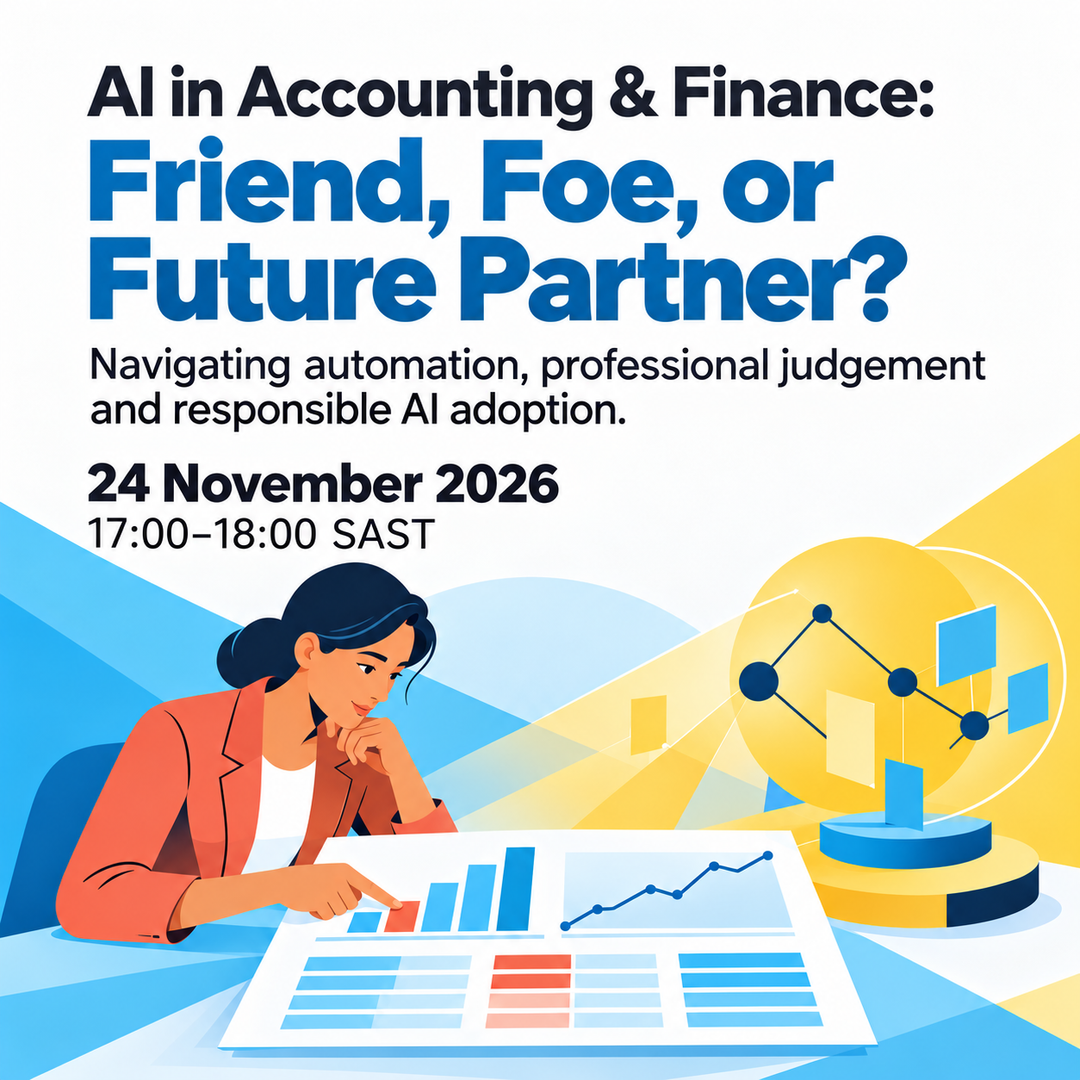 AI in Accounting & Finance webinar, 24 November 2026, 17:00–18:00 SAST. A finance professional points to a shared report beside an AI system.